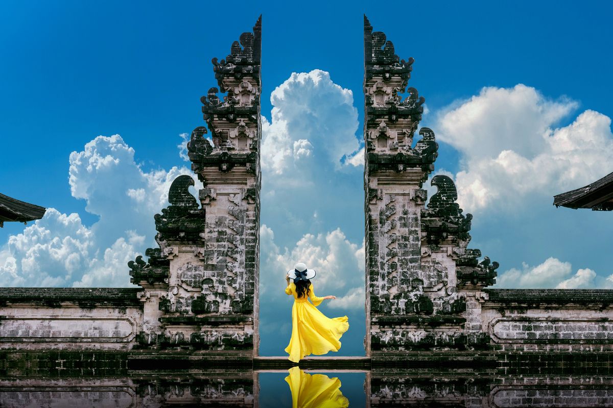 Traveller at the Lempuyang temple gates, Bali